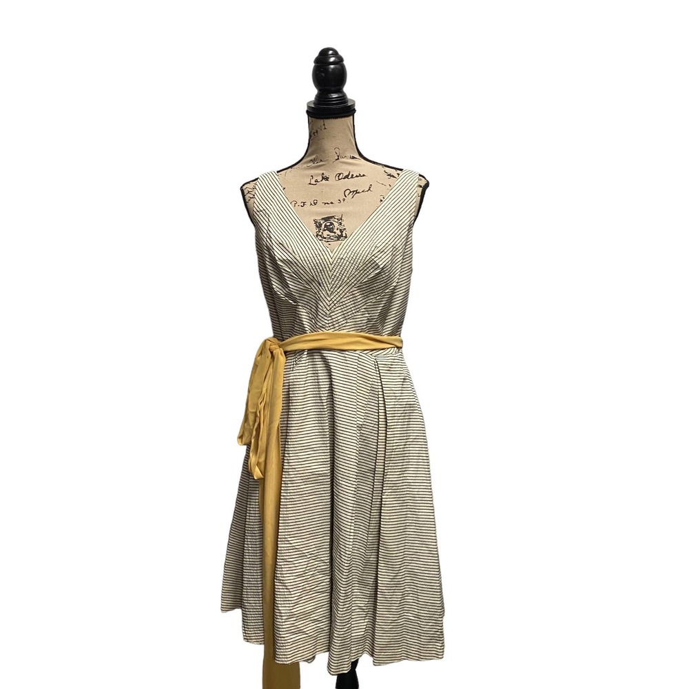 Eva Franco Cream and Black Striped Midi Dress with Yellow Sash